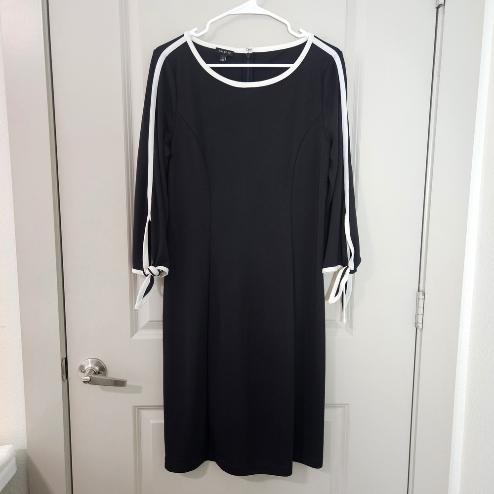 Talbots Womens Black White‎ Stripe Tie Sleeve Sheath Dress Medium M